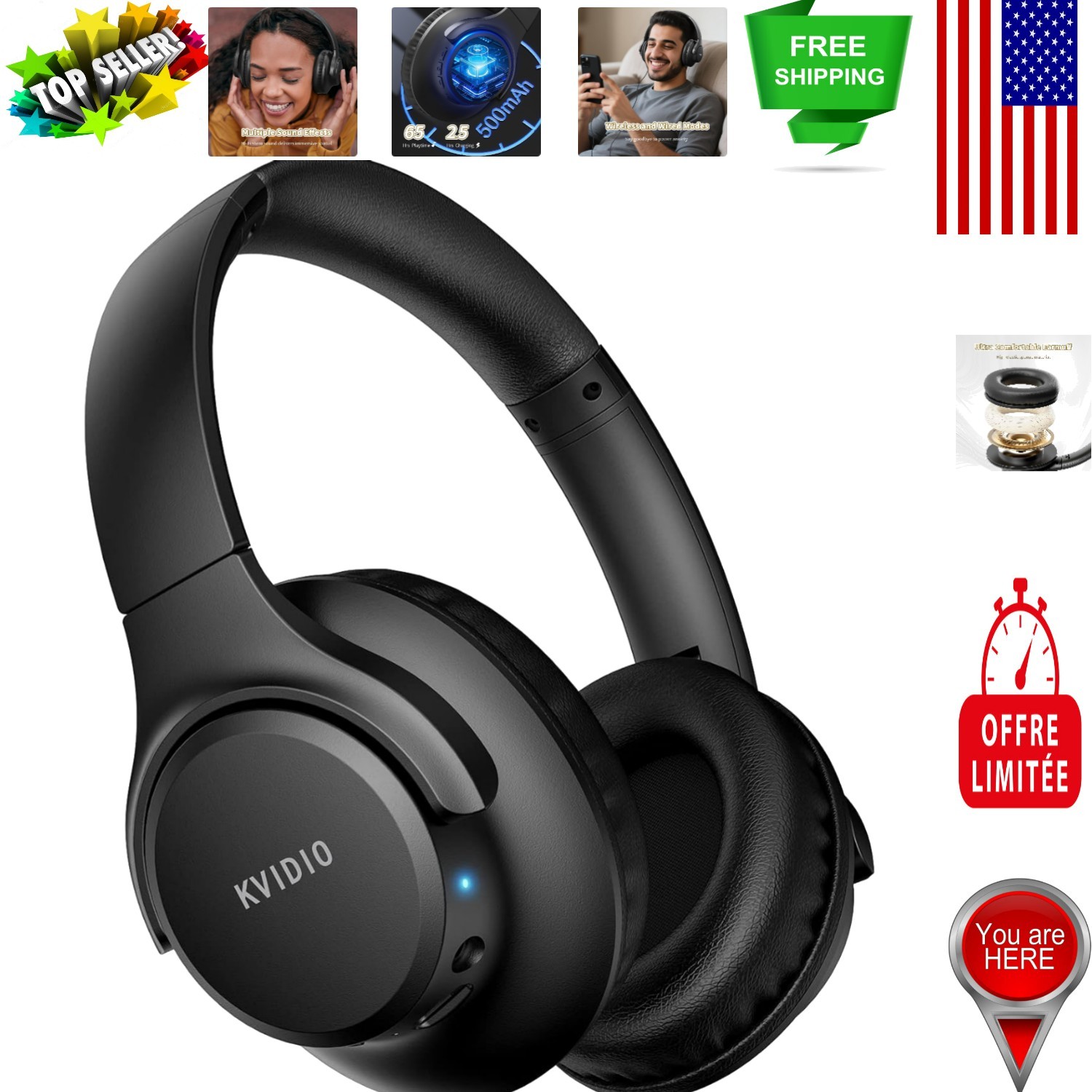Bluetooth 5.4 Over-Ear Headphones with Deep Bass & 33 Ft Range – Black