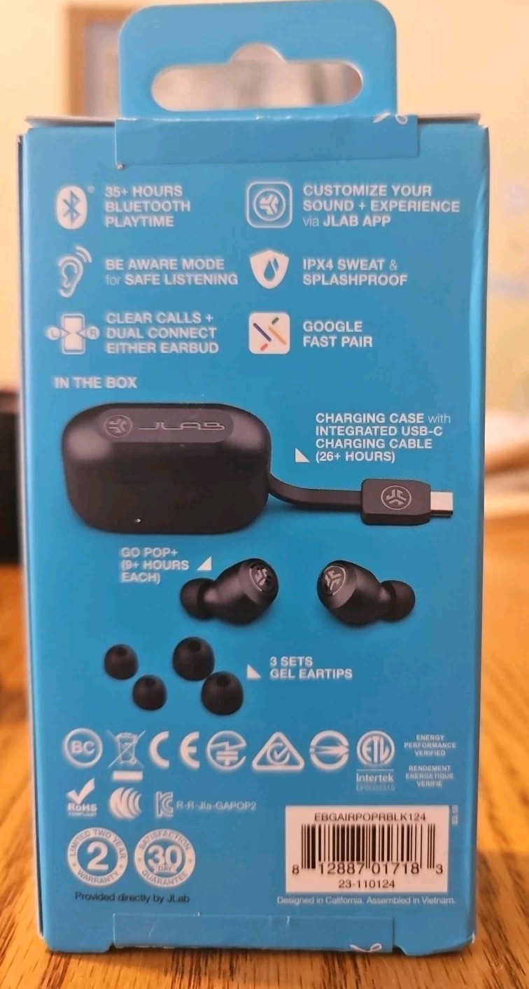 JLab GO POP+ True Wireless Bluetooth Earbuds Black EBGAIRPOPRBLK124 Sealed New