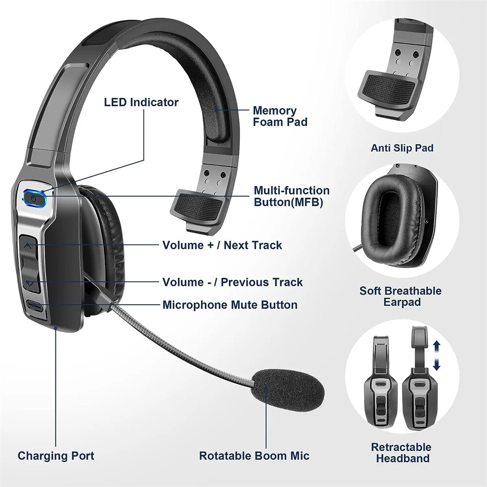 Trucker Bluetooth5.2 Wireless Headset With Noise Cancelling Mic For Phones PC US