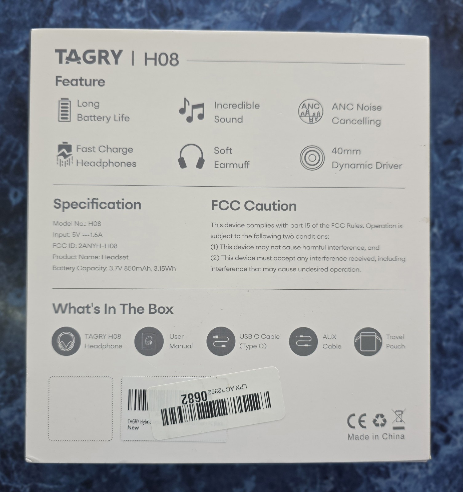 TAGRY H08 Active Noise Cancelling Headphones White 40mm USB-C AUX Fast Charge
