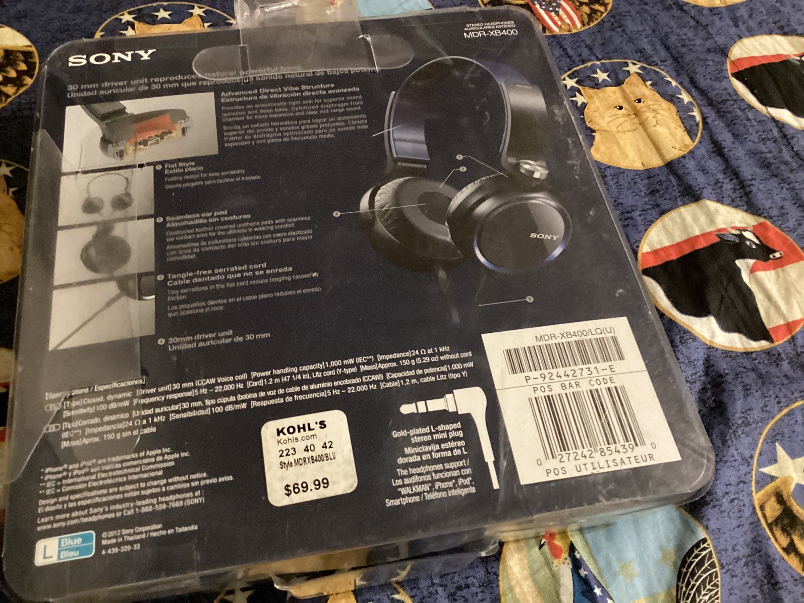 New Sony MDR-XB400 Black / Blue Extra Bass Wired Stereo Headphones New in Box