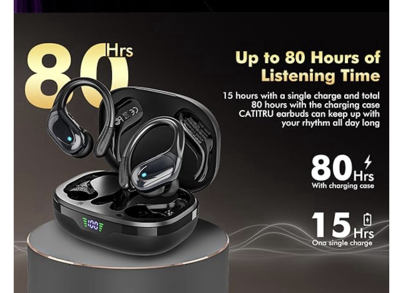 Catitru Wireless Sports Earbuds Sweat Proof Bluetooth Charging Case Open Box
