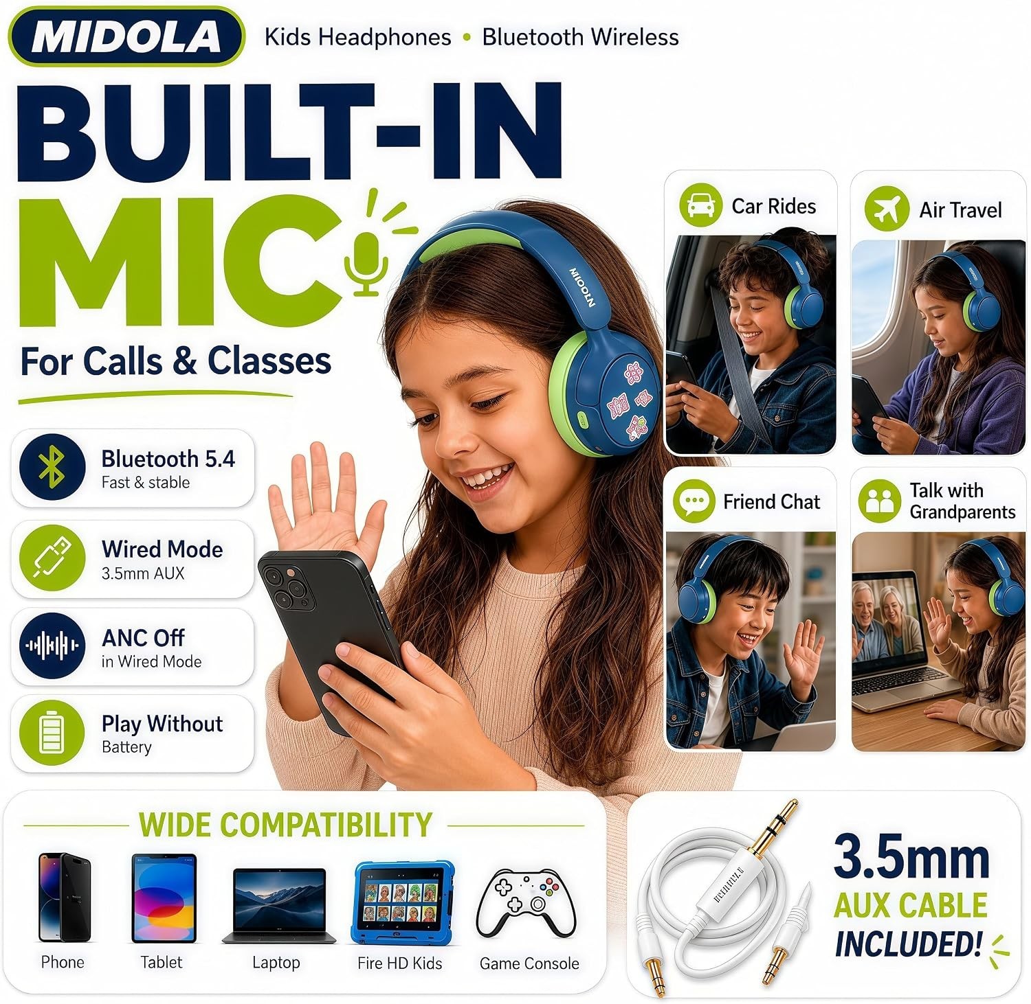 Safe Volume Kids Bluetooth Headphones – Active Noise Cancellation & Lightweight