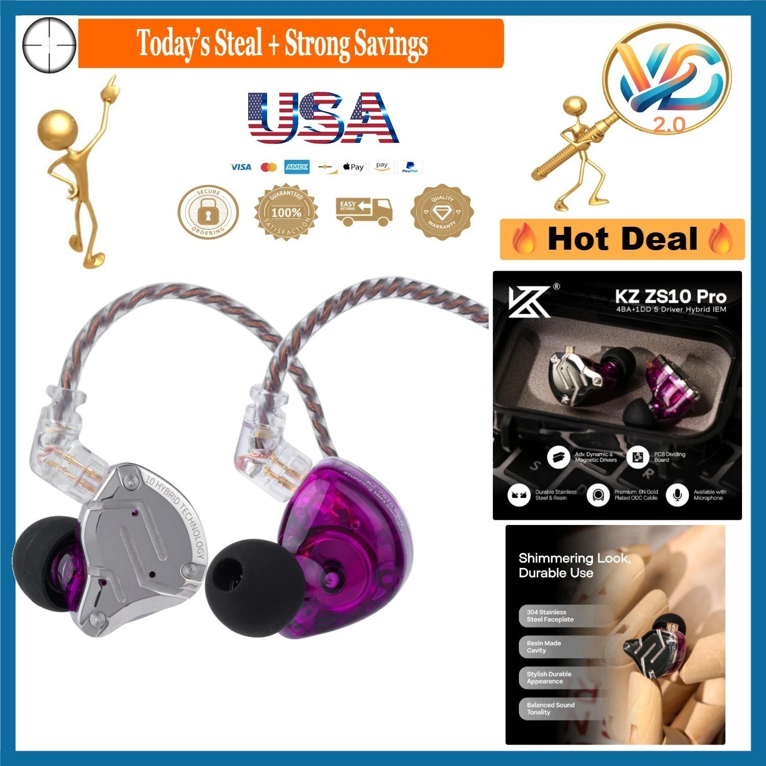 KZ ZS10 Pro In-Ear Monitor Purple 4BA+1DD Hybrid Earphones Wired No Mic