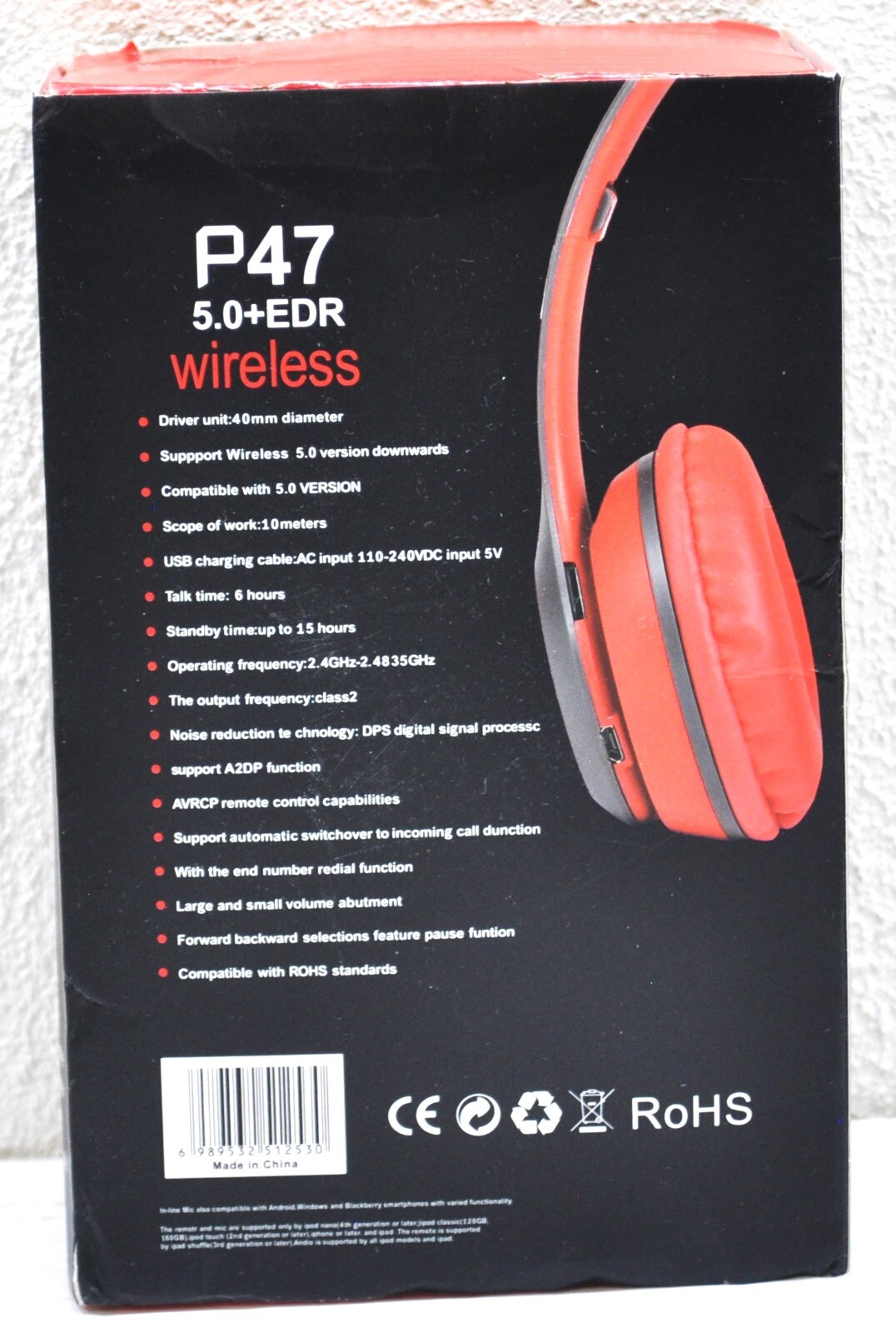 P47 5.0+EDR Wireless Bluetooth Foldable Headphones – Red NEW IN BOX
