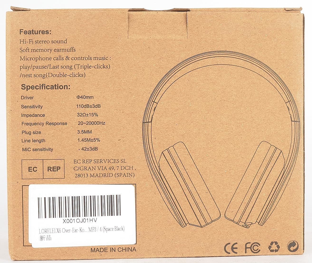 LORELEI X6 Over-Ear Wired Stereo Bass Headphones with Microphone, Lightweight, F