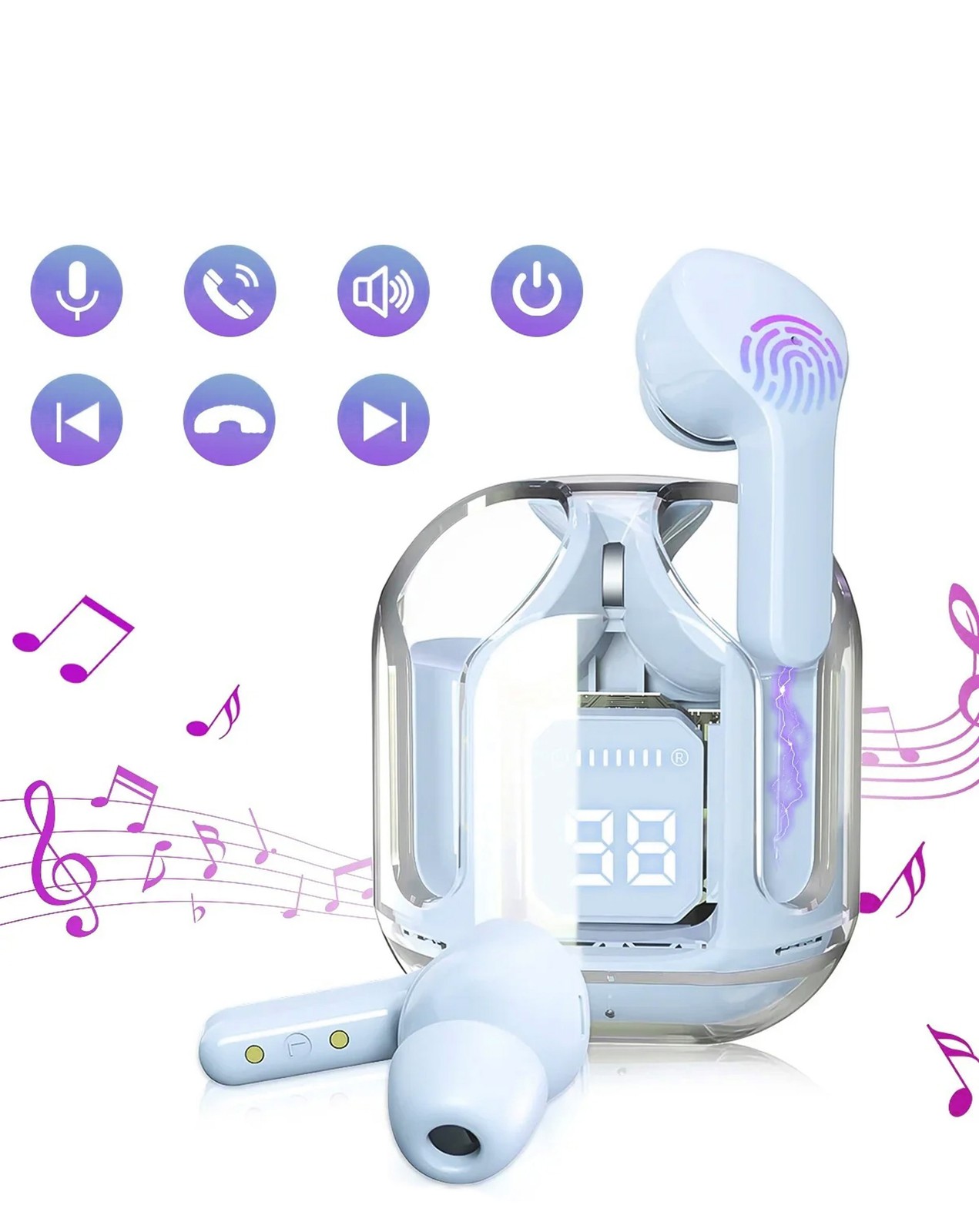 Bytech Bluetooth Earbud with Clear Display (WHITE)
