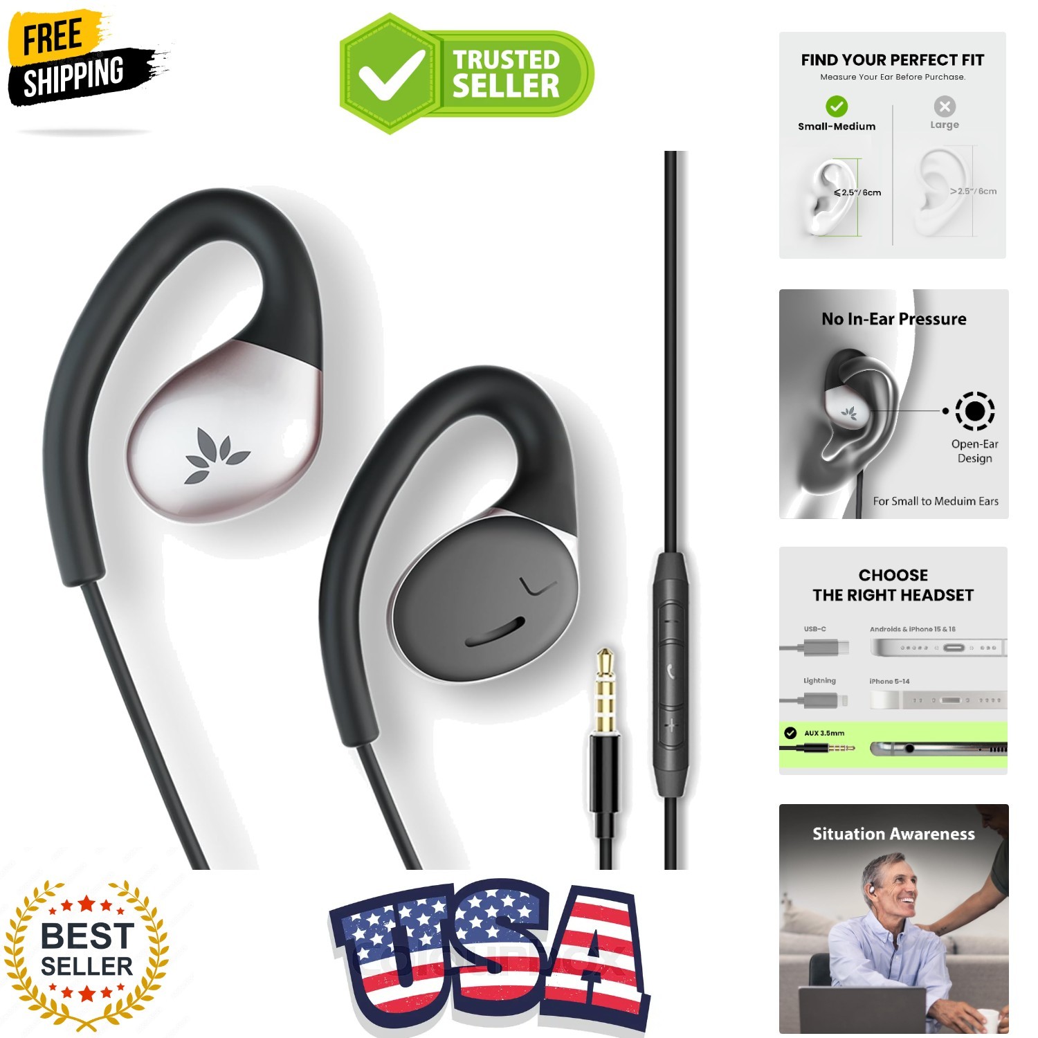 Resolve – 3.5mm AUX Wired Open-Ear Earbuds w/Mic & Over-Ear Hook, for Women, …