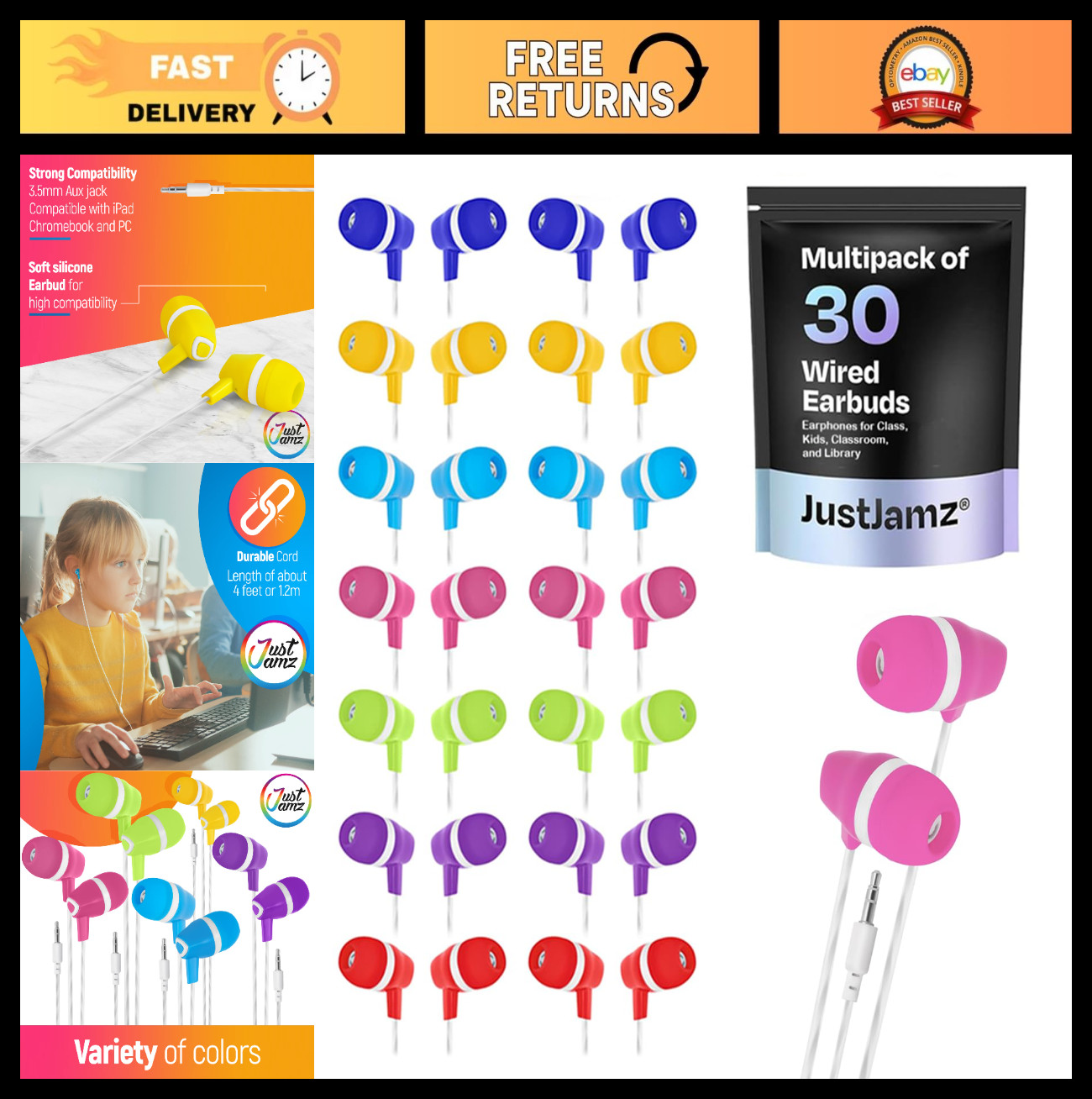 30 Pack Bulk Wired Earbuds for Kids – Classroom Earphones with 3.5mm Jack – Asso