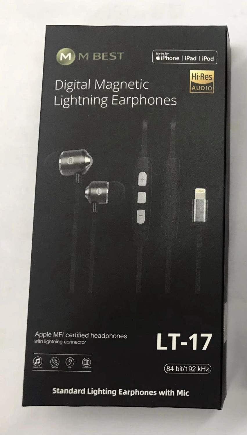 M BEST LT-17 Lightning In-Ear Earbuds Mic Magnetic In-Line Control Black