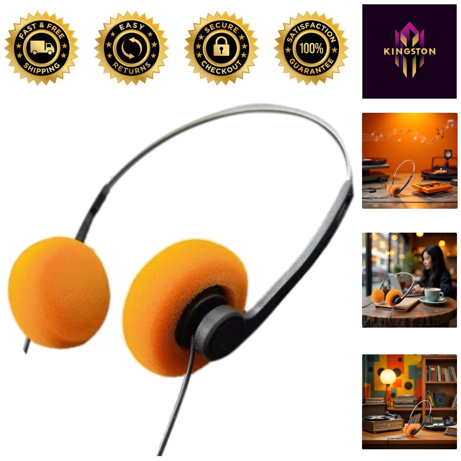 Stylish Orange Over-Ear Headphones with Hi-Fi Sound – Universal Compatibility