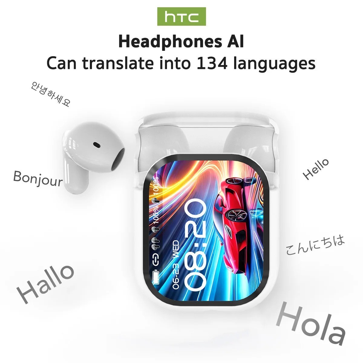 HTC NE20 Bluetooth 6.0 Earphones AI Translator Wireless Earbuds LCD Touch Sport