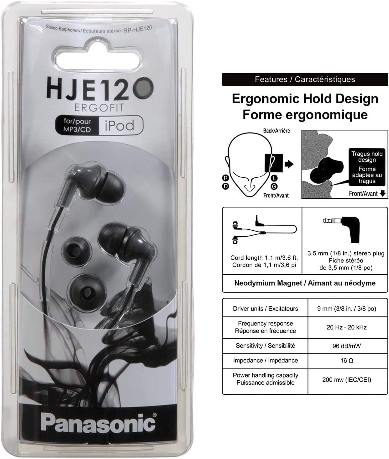 Panasonic ErgoFit Wired Earbuds, In-Ear Headphones with Dynamic S/M/L, Black