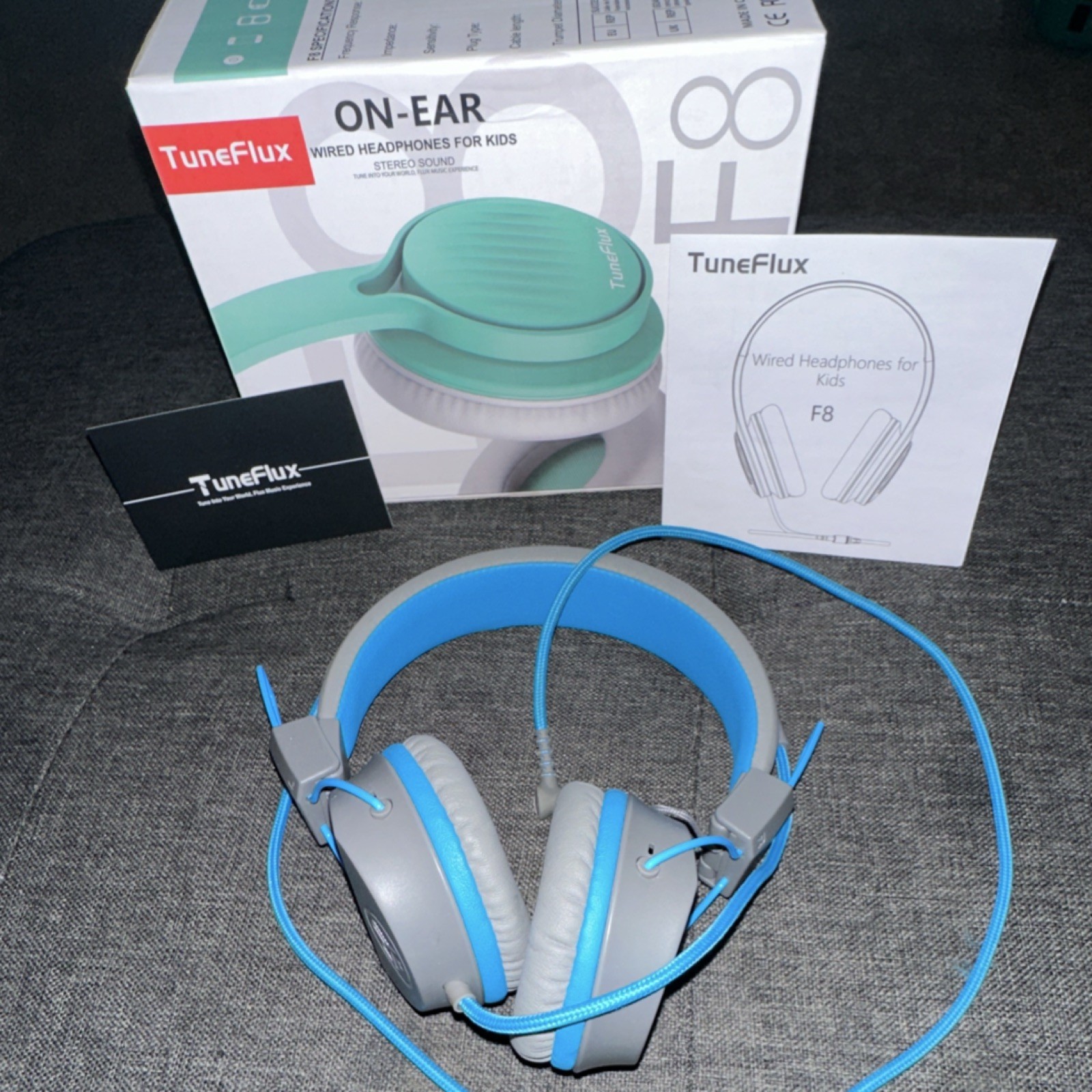 TuneFlux F8 Wired On-Ear Stereo Headphones for Kids, Gray/Blue, 3.5mm Jack