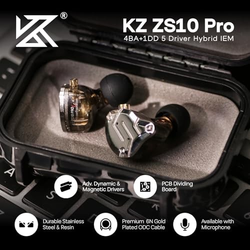 KZ ZS10 Pro, 4BA+1DD 5 Driver in Ear Monitor, HiFi Wired Black Without Mic