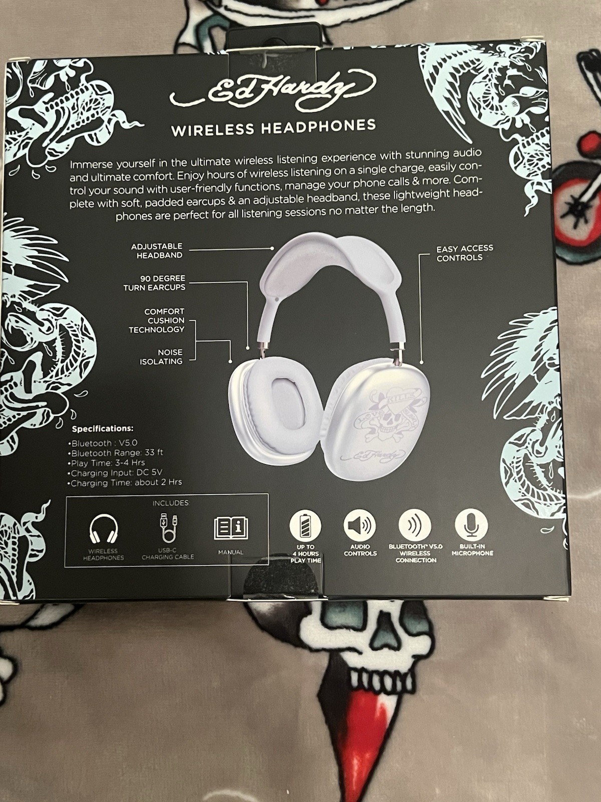 Ed Hardy Wireless Headphones Love Kills Slowly Blue V5.0 Bluetooth New In Box