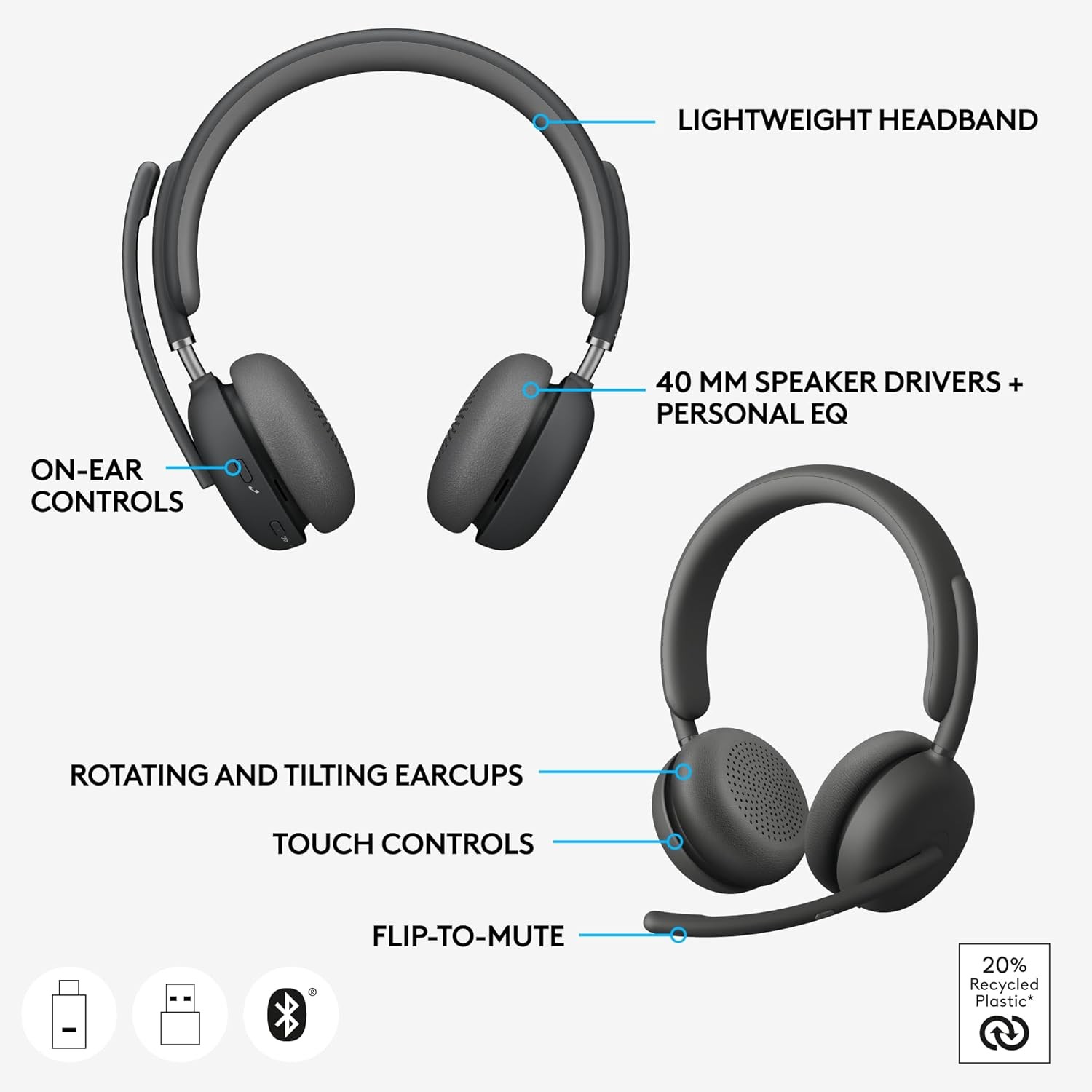NEW Logitech Zone 950 ANC Wireless Bluetooth USB Headphones Headset Microphone