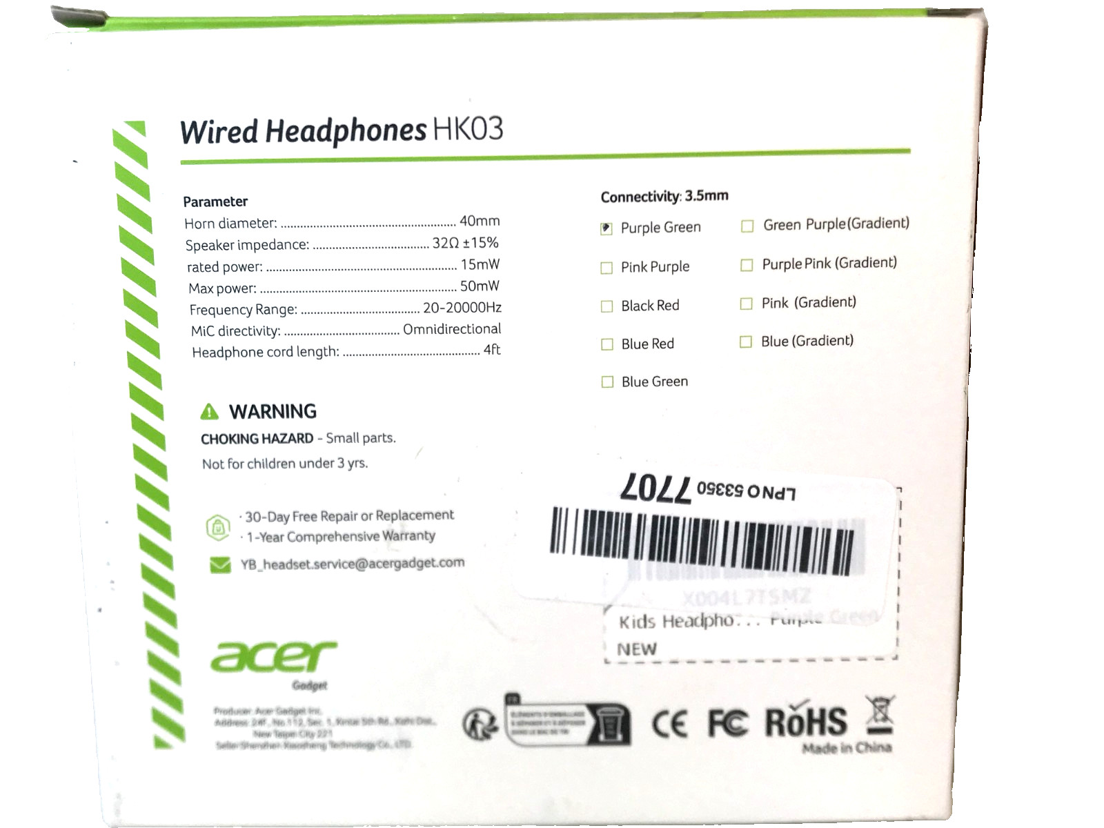 Acer HK03 Kids Wired Headphones On-Ear Headset 3.5mm Jack Foldable Purple Green