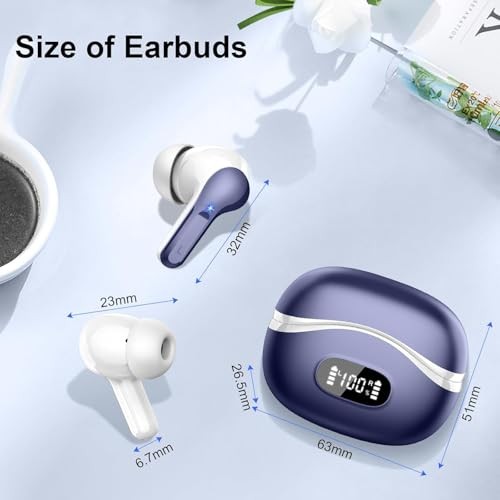 Wireless Earbudstooth Headphones 5.4 HiFi Stereo, Ear Buds with 4 ENC Blue