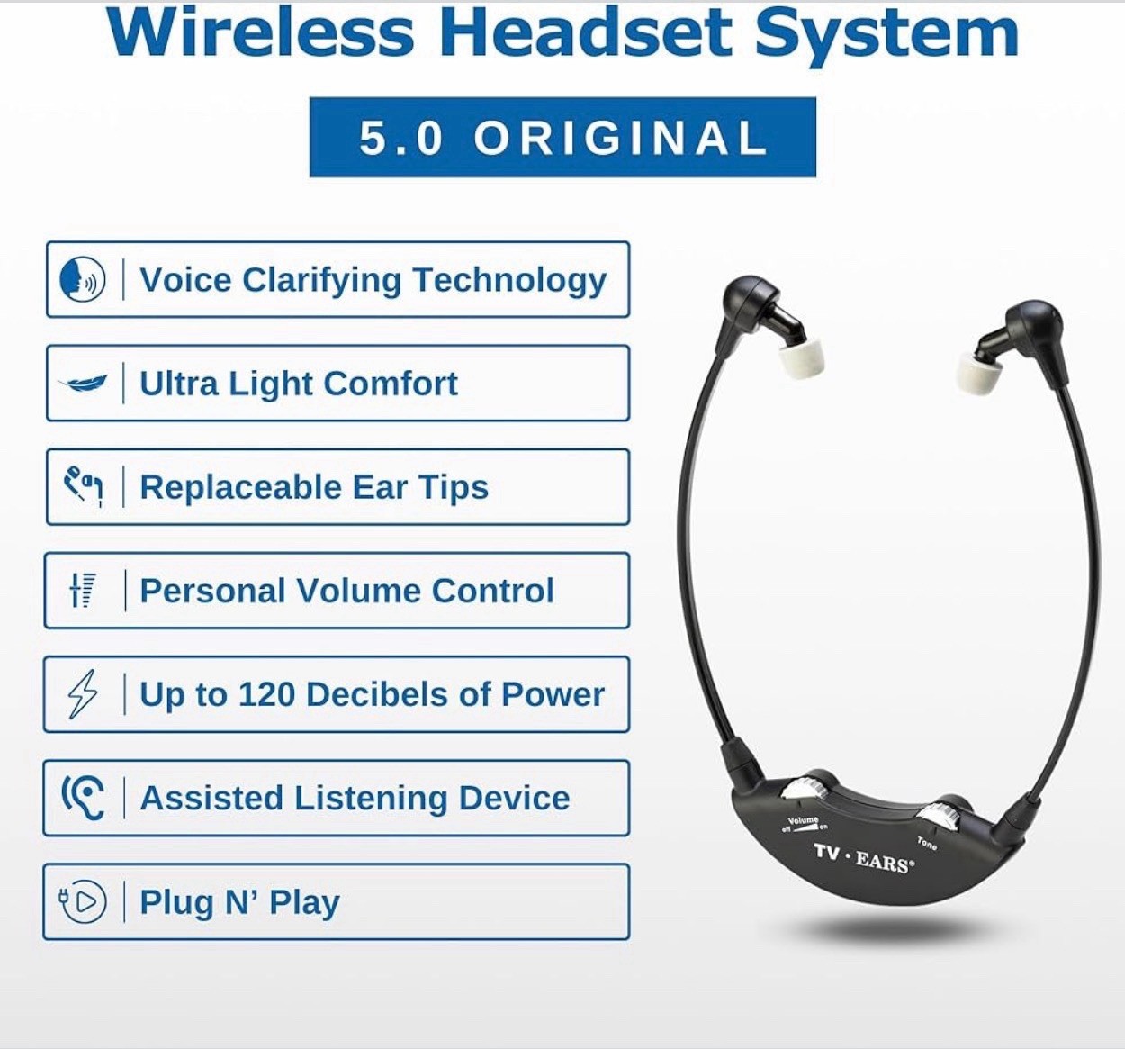 TV EARS Analog Wireless Headset System & Earbuds for Seniors/Hearing Issues