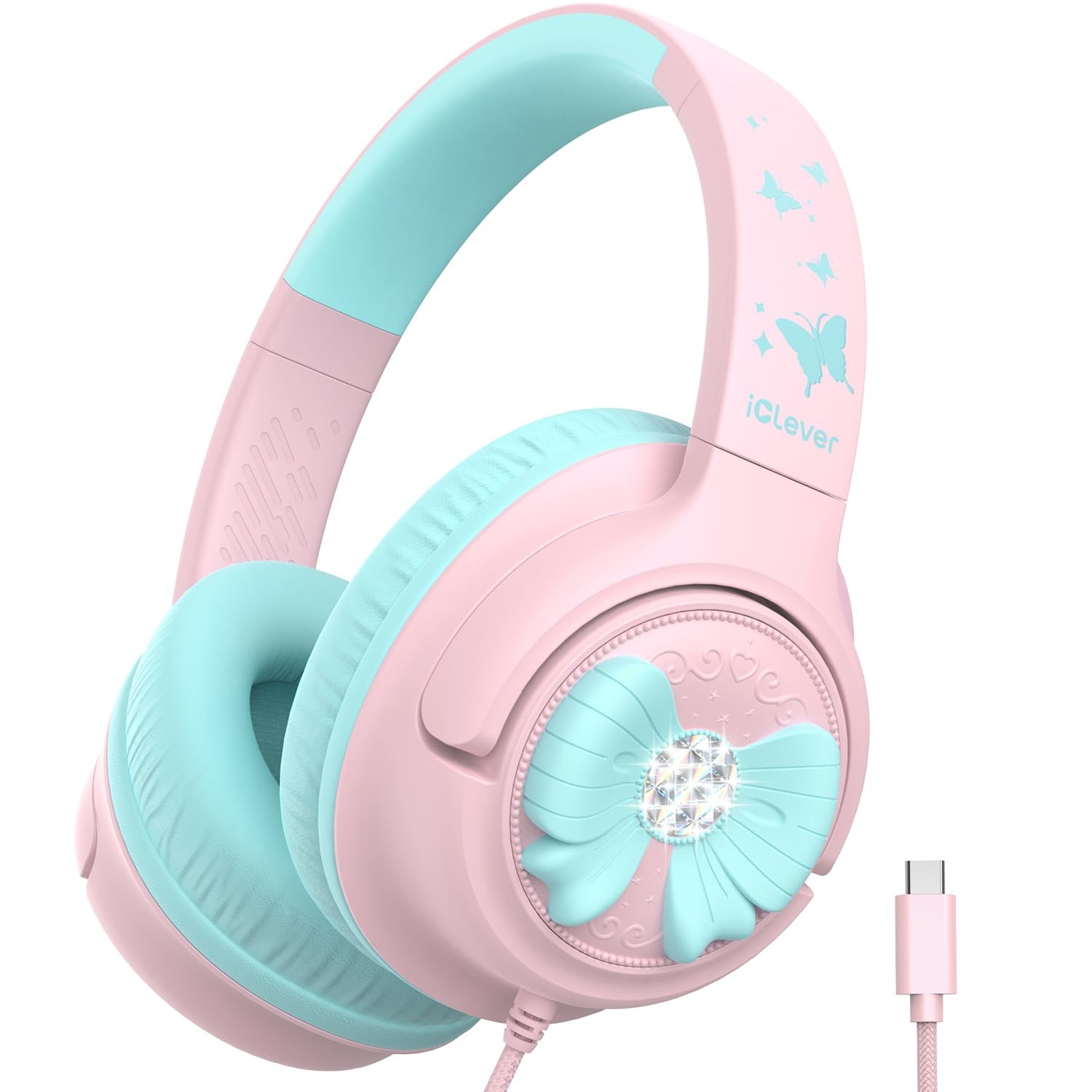 iClever C371 USB C Kids Headphones, 85dBA Safe Sound, Foldable for Travel, Pink