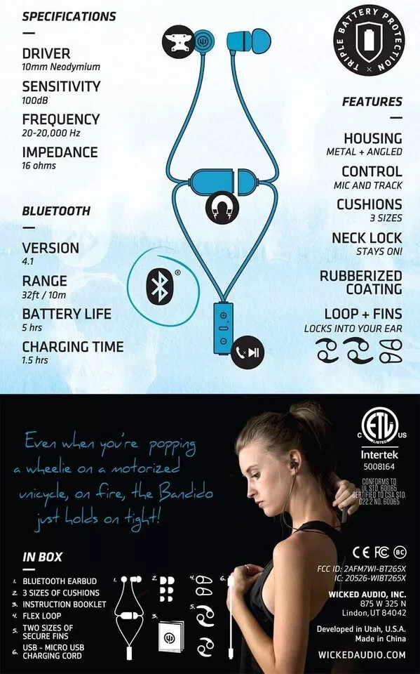 Wicked Audio Bandido Bluetooth Mobile Earbuds, Blue (WI-BT2651)