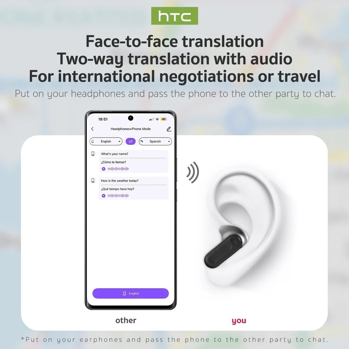 HTC NE20 Bluetooth 6.0 Earphones AI Translator Wireless Earbuds LCD Touch Sport