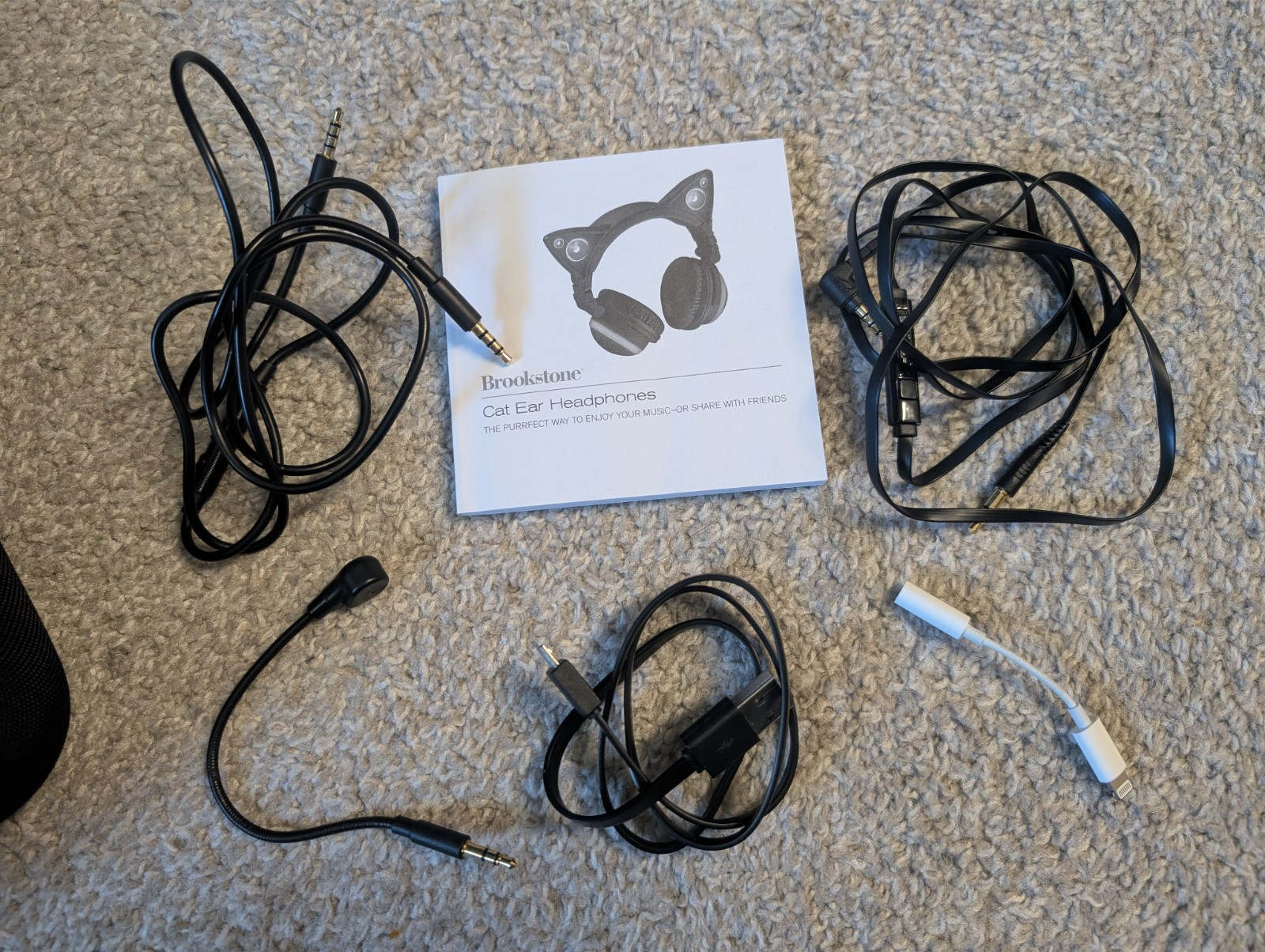 Brookstone Car Ear Light Up Headphones Black/Purple with case, box, mic, cables