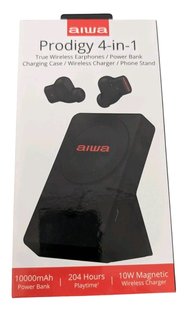 AIWA Prodigy 4-in-1 Wireless Earbuds, 10,000 mgh Powerbank, Phone Stand-Black