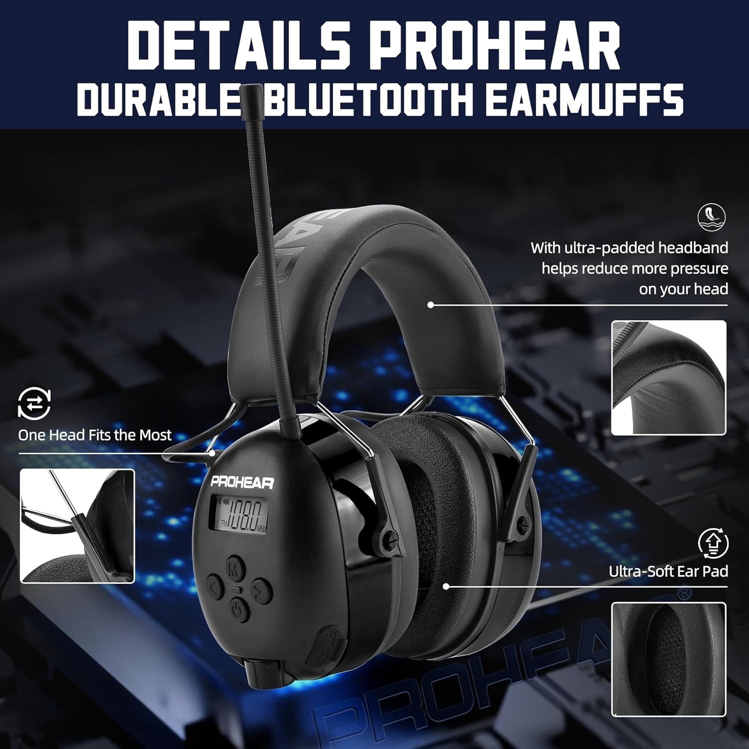 Noise Cancelling Bluetooth Headphones with FM Radio for Mowing and Construction