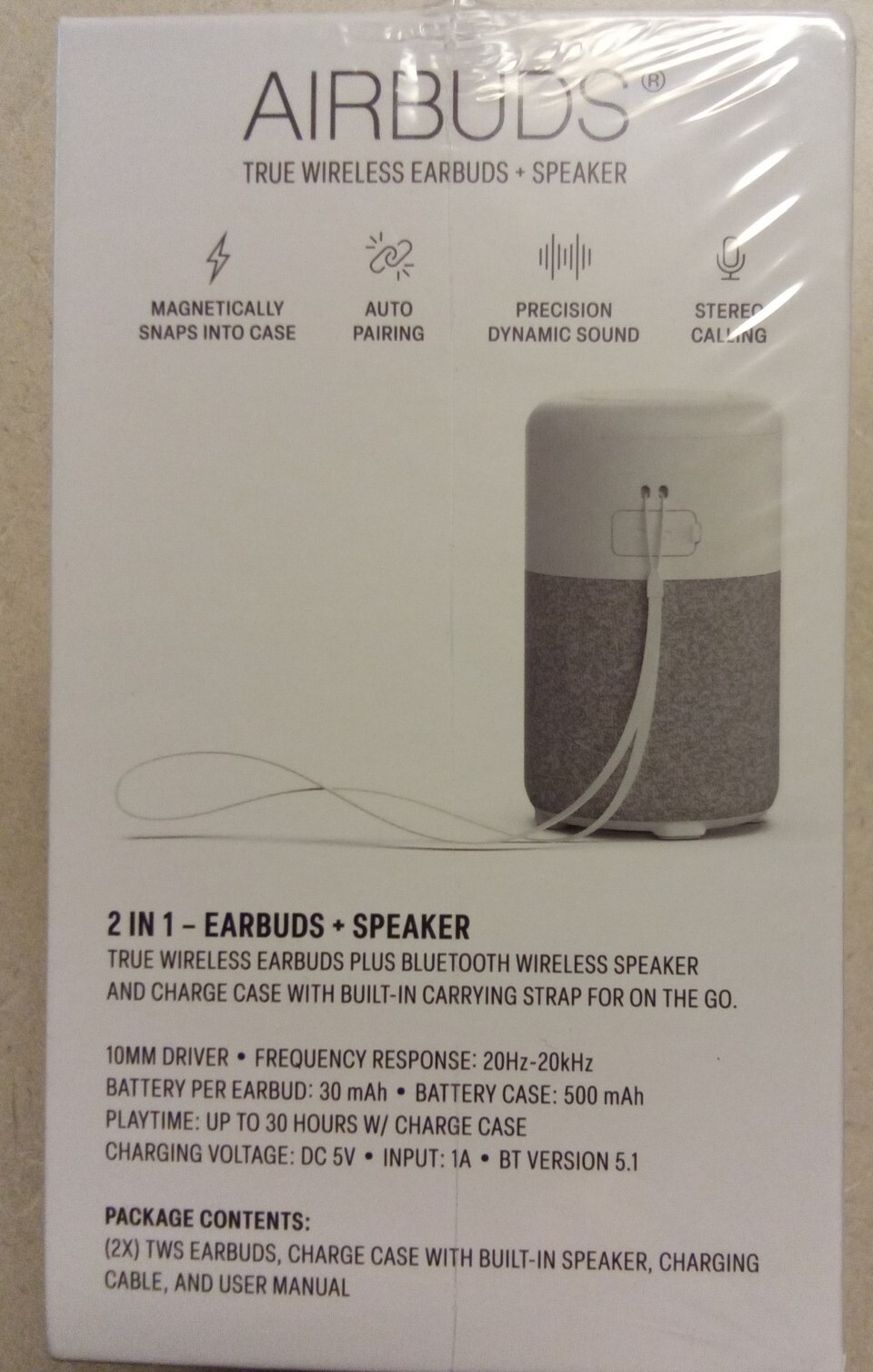 Air Magnetic Airbuds, True Wireless Earbuds w/Bluetooth 2-IN-1 Speaker. White.