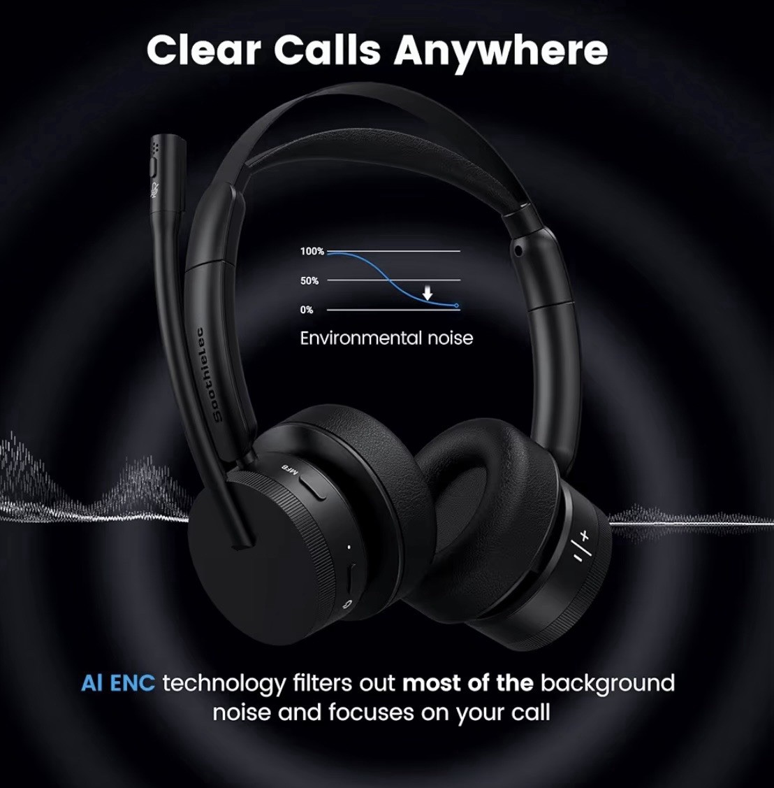 Soothielec KH156M Wireless Headset w Mic Bluetooth USB Dongle Noise Canceling