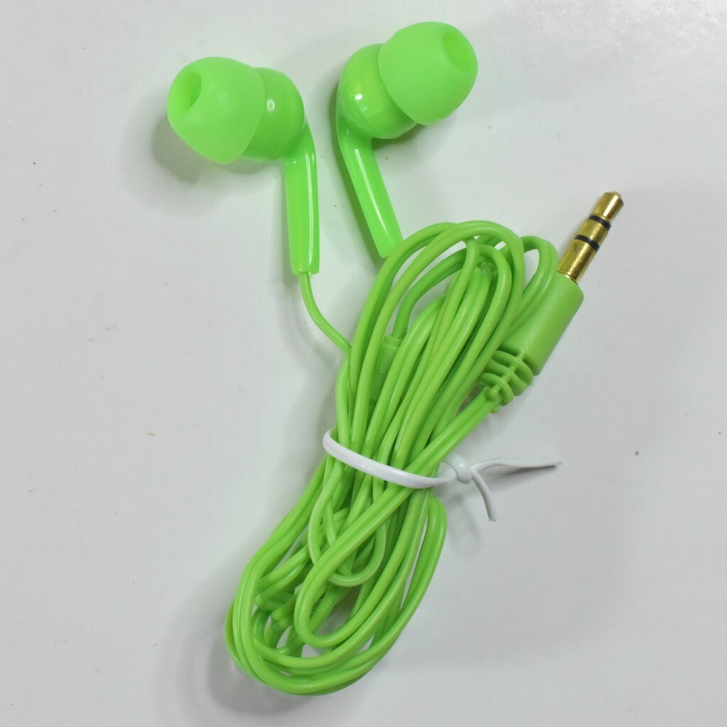 Earbud Headphones Neon Green With Convenient Clip Tube Carrying Case + Carabiner