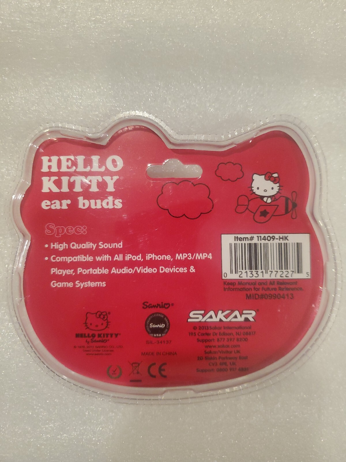 Hello Kitty Ear Buds Headphones Sanrio Sakar 2013, Wired/Corded.3.5mm Plug.