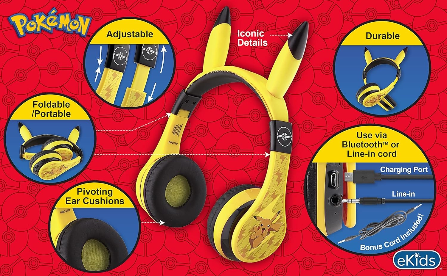 Pokemon Bluetooth Headphones, Wireless Headphones with Microphone Includes Au…