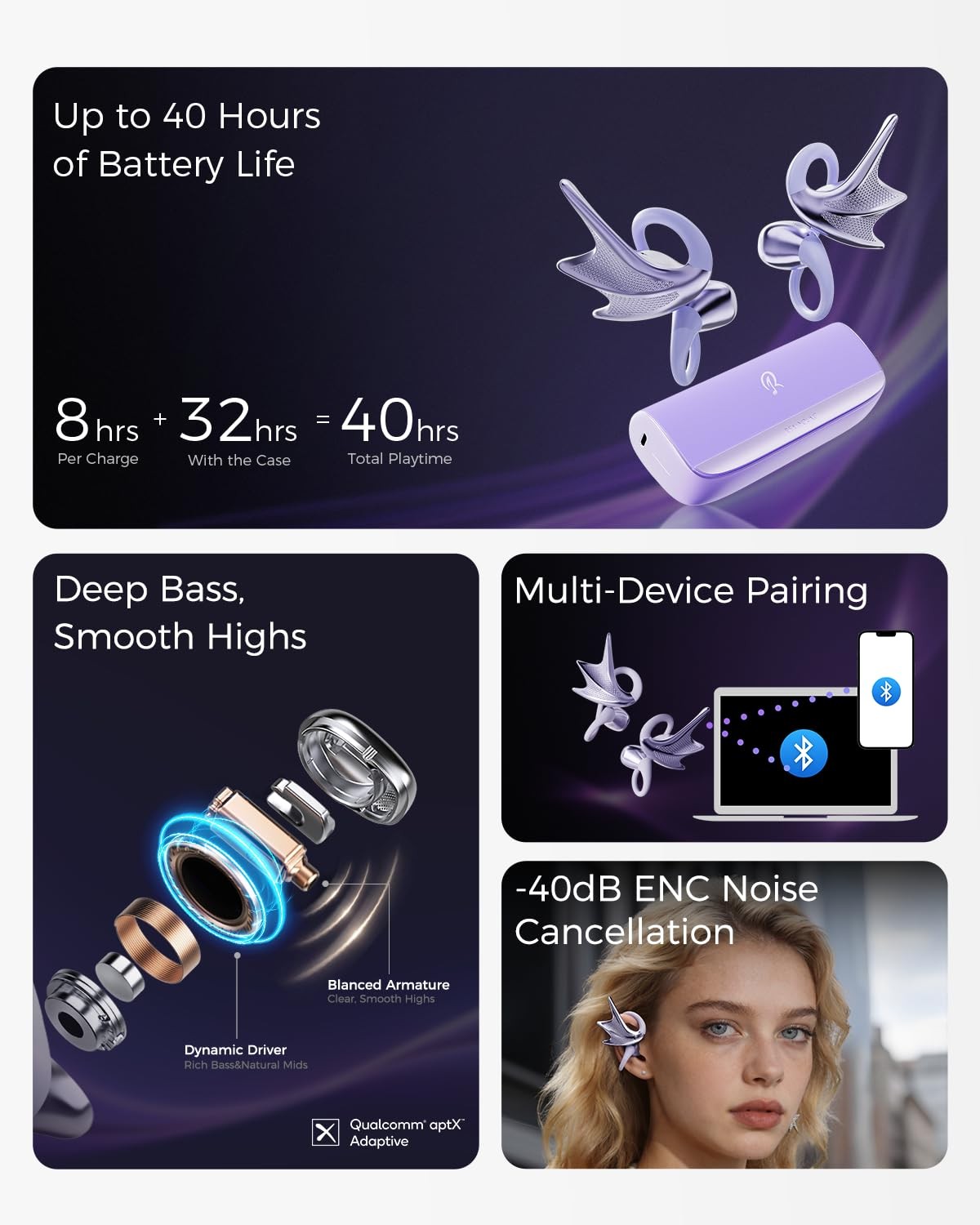 H700 Open-Ear Earbuds for Women, Elegant Dragon Wing Jewelry Design, Lightwei…