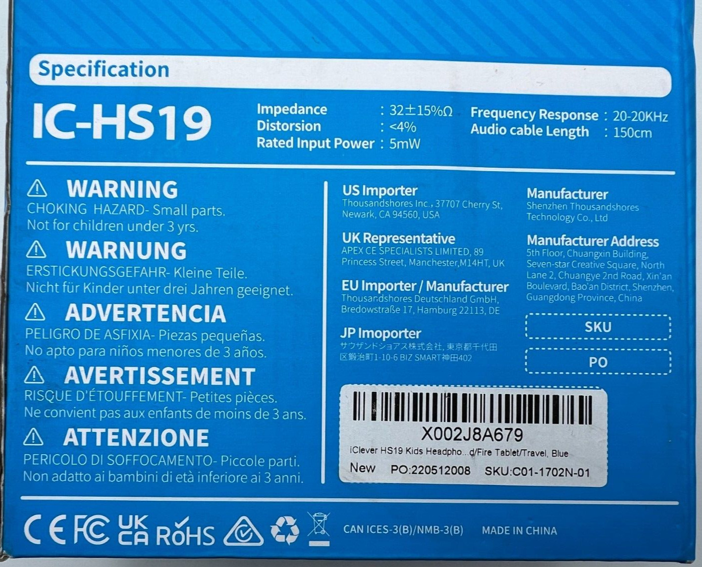 iclever HS19 Kids Headphones With Microphone Ages 3+ IC-HS19 BLUE