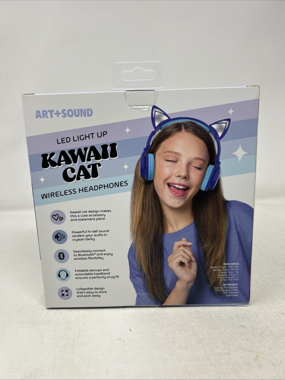 ART+SOUND Kawaii Cat LED Bluetooth Wireless Wired Kids Headphones Blue