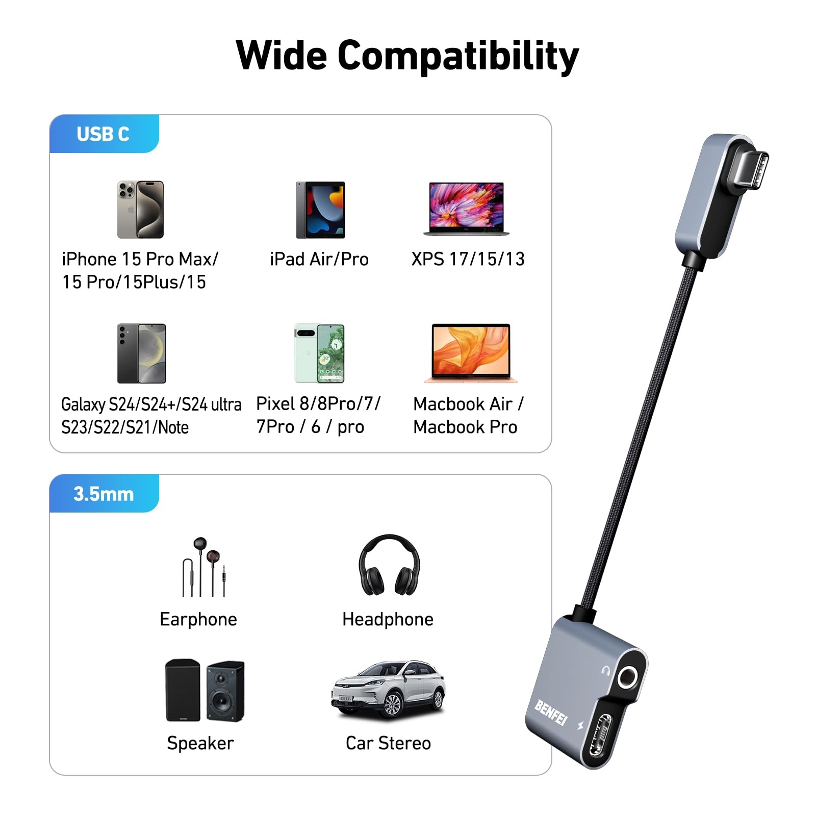 BENFEI USB C to Audio Jack Adapter with 60W Fast Charging, USB-C to 3.5mm Female