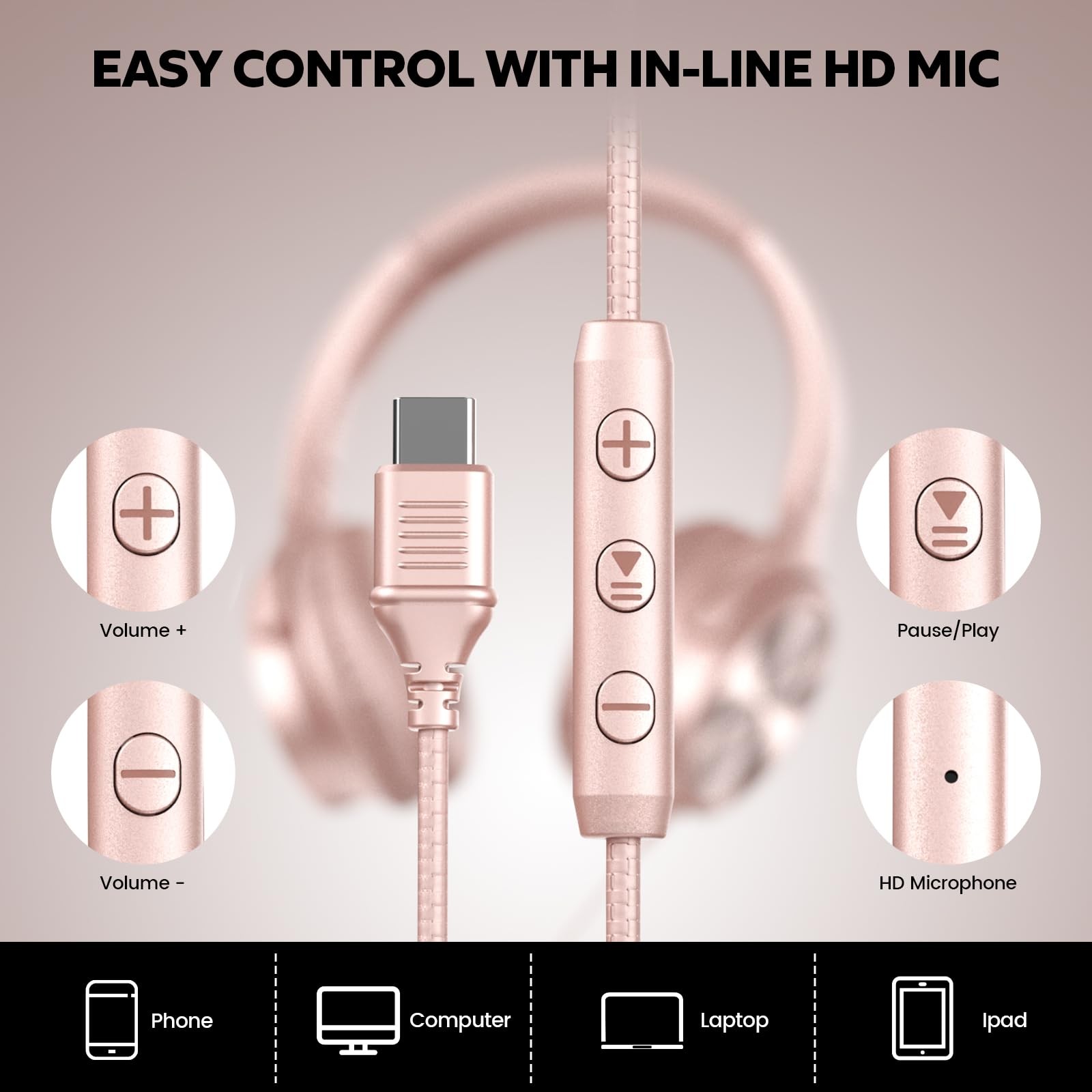 Cowyawn USB C Headphones Wired, Over Ear USB C Wired Headphones with Micropho