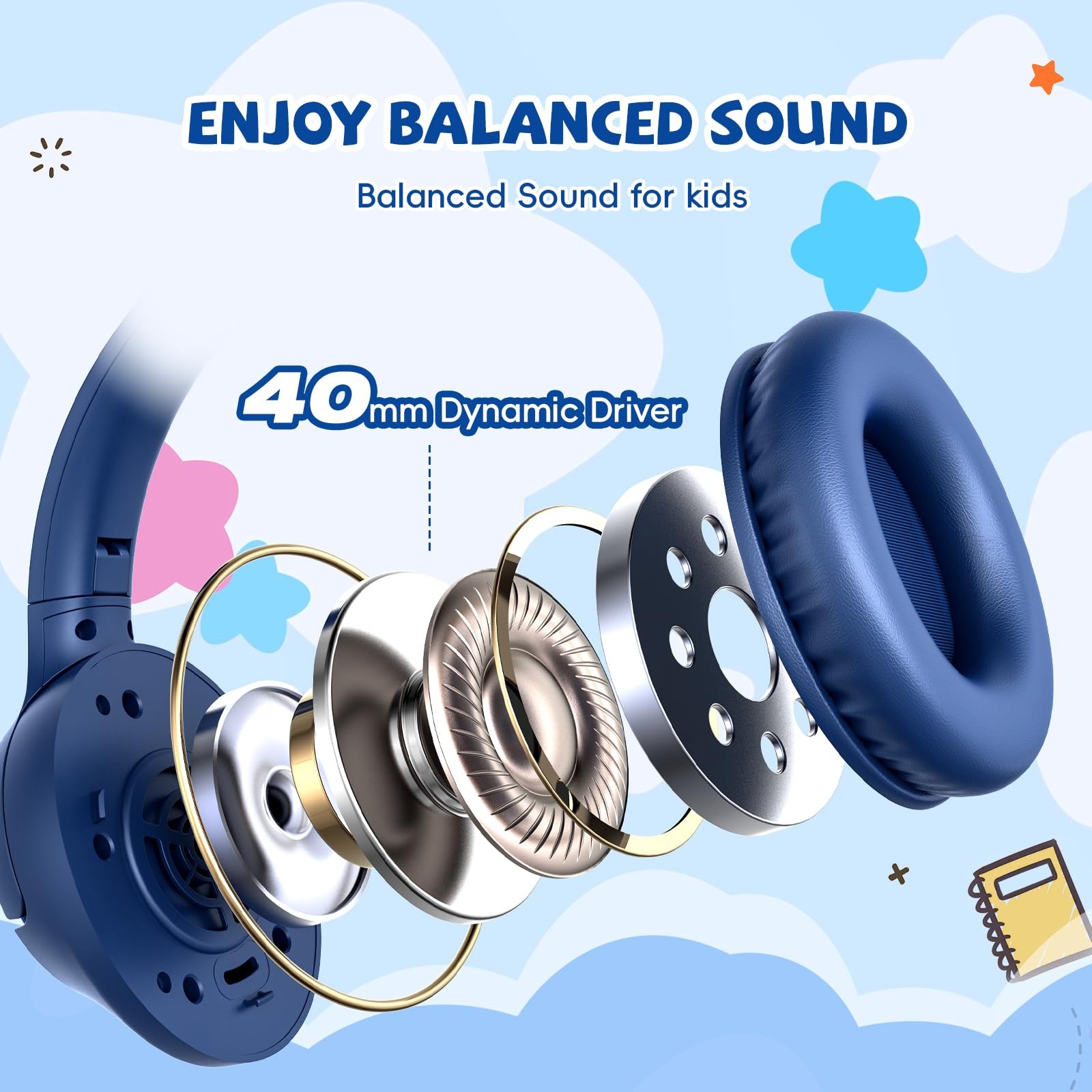 Kids Wired Headphones School Over Ear Headset Microphone 85/94dB Navy Blue