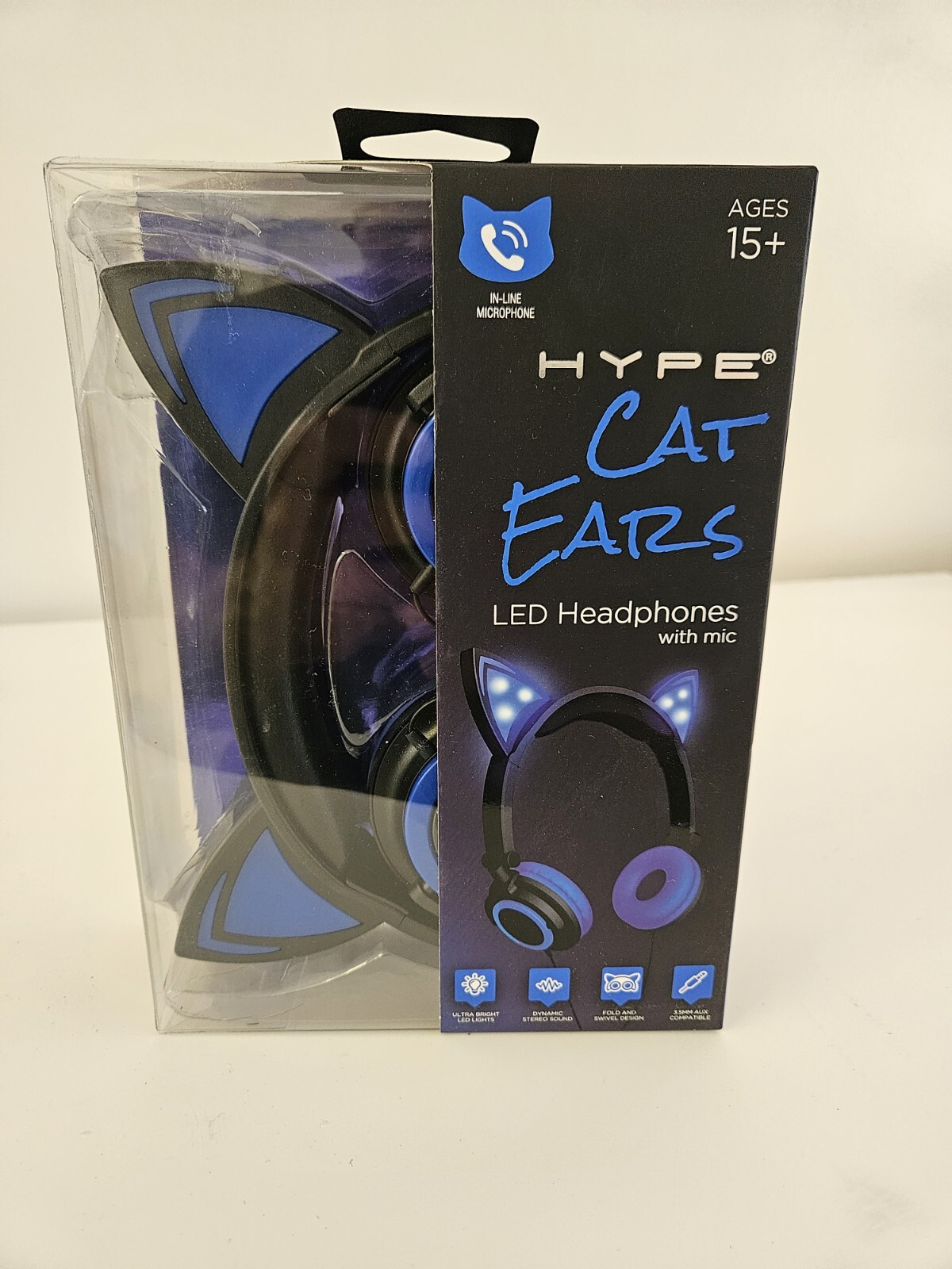 Cat Ears LED Blue Headphones In-Line Microphone On-Ear Earpieces