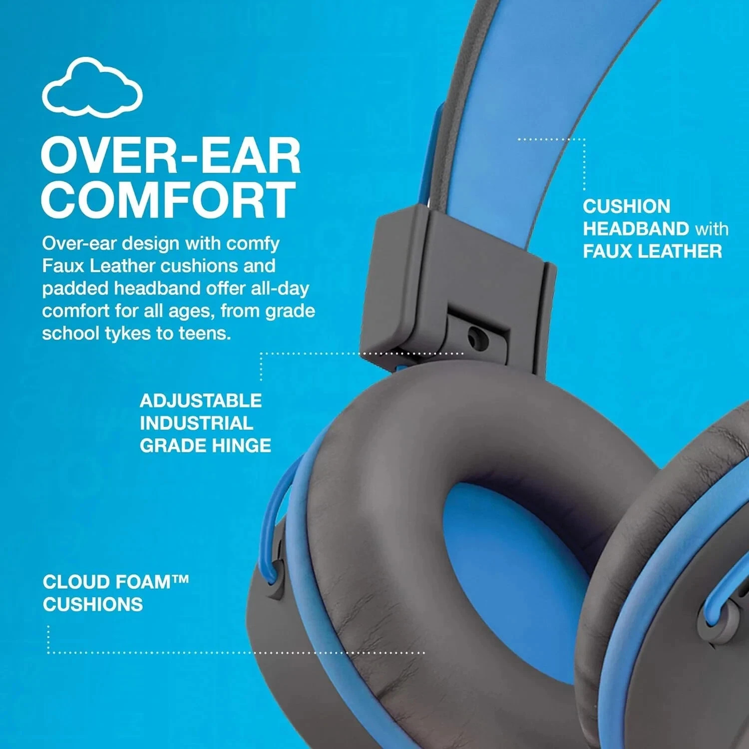 JLab JBuddies Studio Kids Headphones Wired On-Ear Volume Safe 85dB Gray Blue New