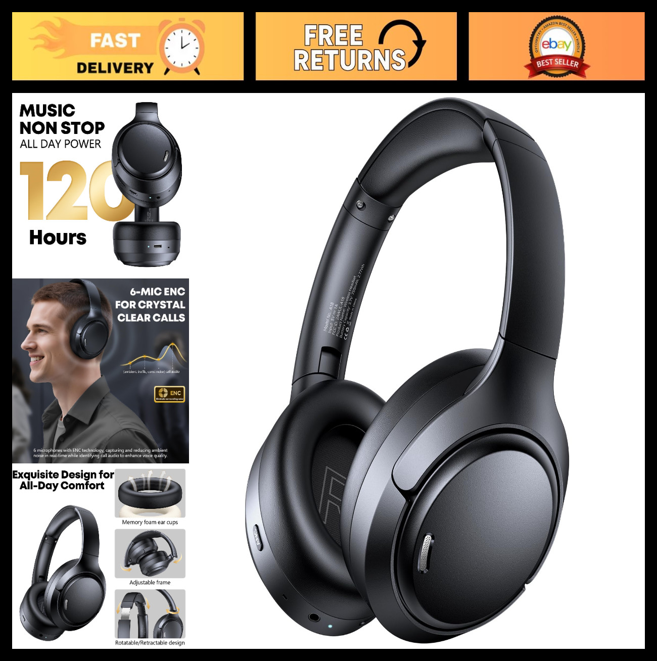 Hybrid Active Noise Cancelling Bluetooth Headphones, 120H Playtime, ENC Mic, Hi-
