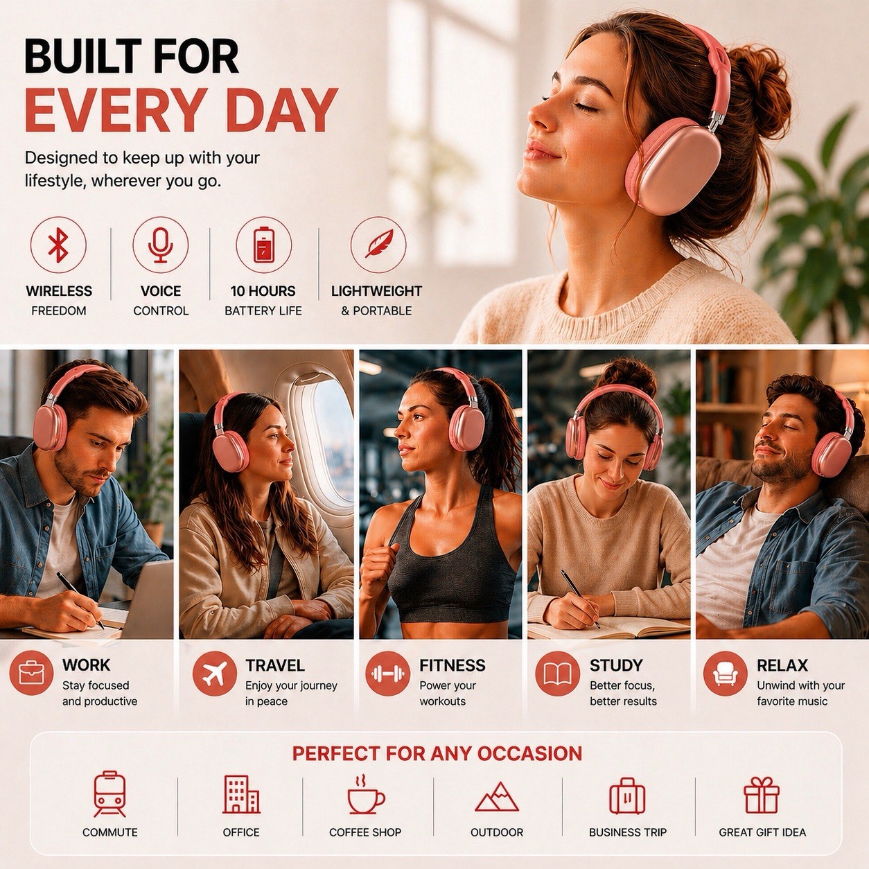 New P9 PRO MAX Headphones Noise Cancelling Bluetooth Earphones Red