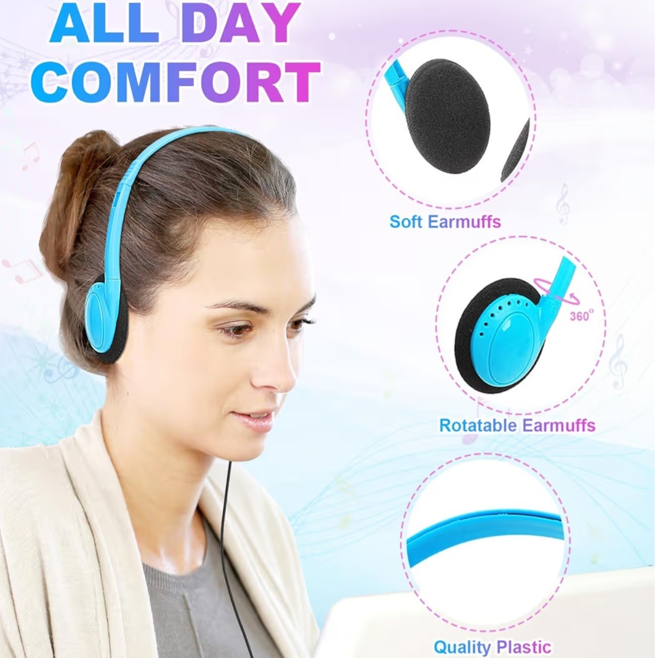 WENSDO Bulk Headphones Packs Of 10 Multi Color for School Classrom K-12