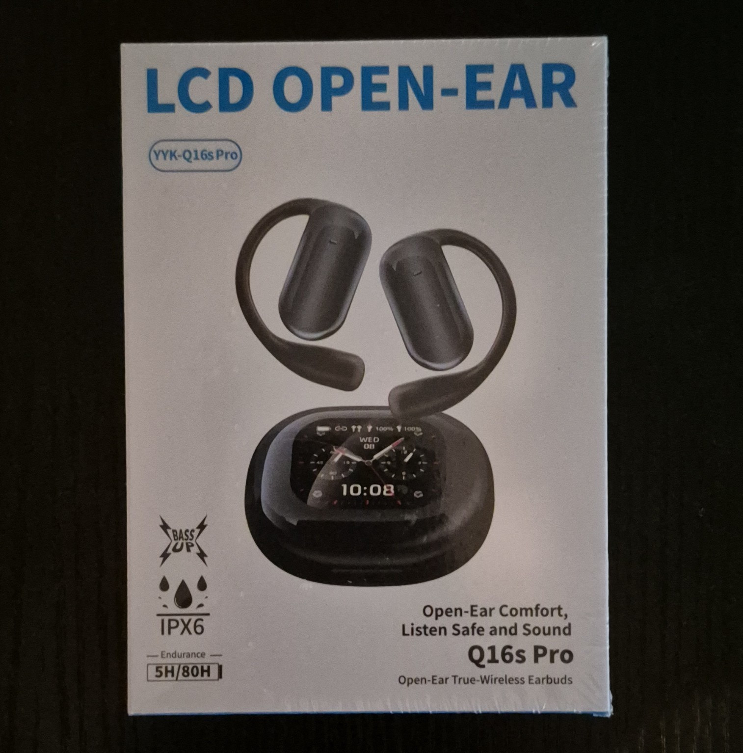 YYK Q16s Pro Open-Ear Bluetooth Ear-Hook Earbuds LCD IPX6 14.2mm Black