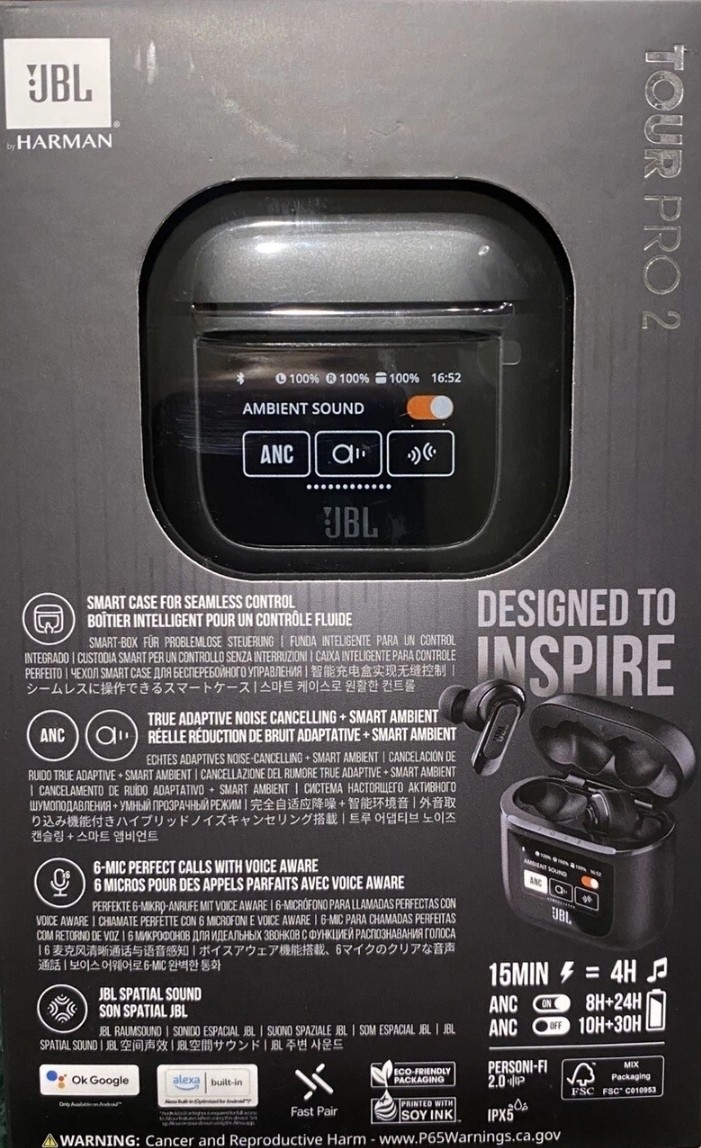 JBL Tour Pro 2 Bluetooth ANC True Wireless Earbuds Smart Case Touchscreen Black