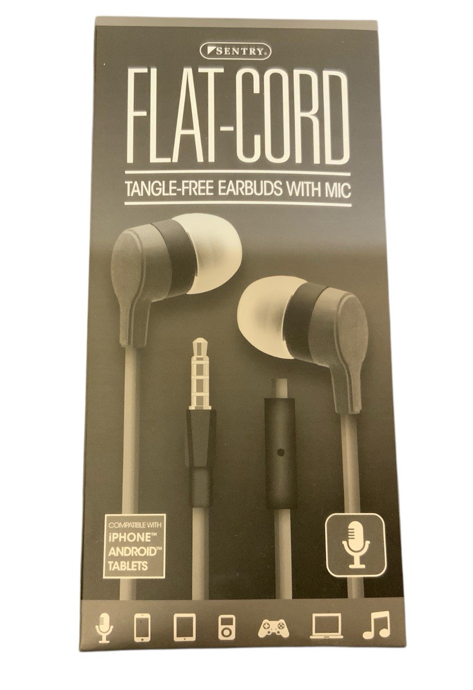 Sentry Flat-Cord Tangle-Free Earbuds With Mic Gray 3.5mm Jack Stereo Sound NEW