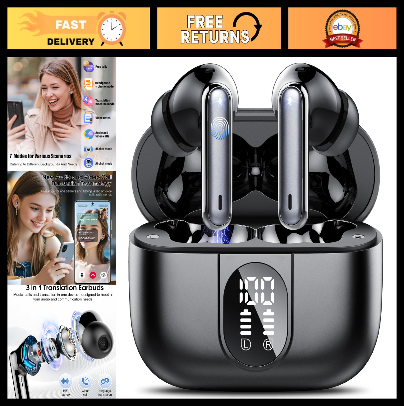 Real-Time AI Translation Earbuds, 3-in-1 Bluetooth 5.3, 164 Languages, 40H Batte